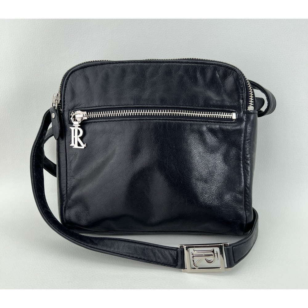 Vintage 90s Ralph Lauren Black Leather Crossbody Purse RL Logo Charm Silver